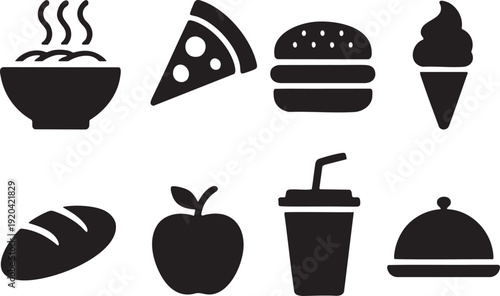 Assortment of food and drink themed icons in black and white silhouette