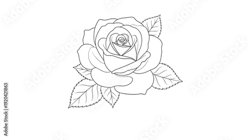 Elegant rose flower line art drawing showcasing delicate petals and leaves for botanical illustrations or romantic floral design elements.