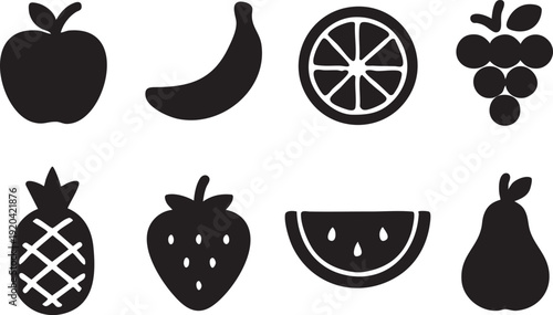 Collection of eight black fruit icons for graphic design and healthy eating