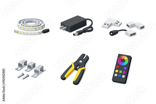 Isometric LED strip lighting kit with power adapter, RGB remote, connectors and mounting clips