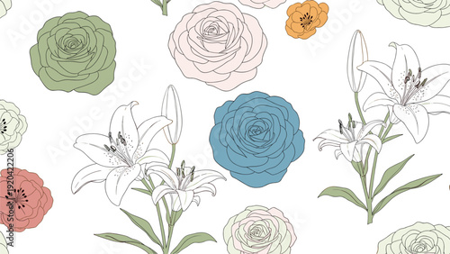 Seamless floral pattern with various roses and lilies in soft colors for elegant textile designs and romantic wallpaper or gift wrapping.