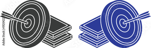 Target goal achievement icon set collection with dartboard, arrow, focus and business strategy symbols in blue and black colors isolated on white background, success and marketing concept.