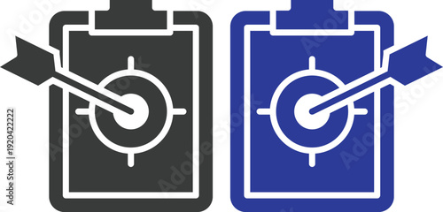 Target goal achievement icon set collection with dartboard, arrow, focus and business strategy symbols in blue and black colors isolated on white background, success and marketing concept.