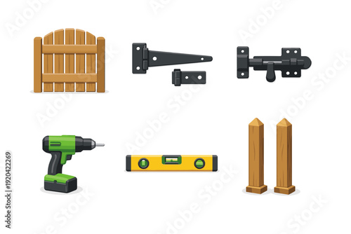 Collection of fence building tools and materials on a white background