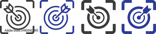 Target goal achievement icon set collection with dartboard, arrow, focus and business strategy symbols in blue and black colors isolated on white background, success and marketing concept.