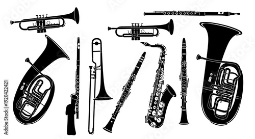 Black Silhouette Collection of Brass and Woodwind Musical Instruments