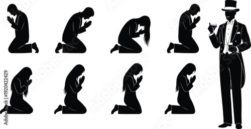 Praying people silhouettes and vintage gentleman set, kneeling man woman prayer flat vector illustration isolated design