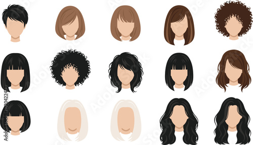 Women hairstyle collection avatar set, short long curly straight hair flat vector illustration isolated design