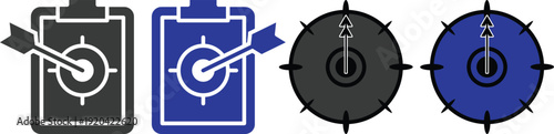 Target goal achievement icon set collection with dartboard, arrow, focus and business strategy symbols in blue and black colors isolated on white background, success and marketing concept.