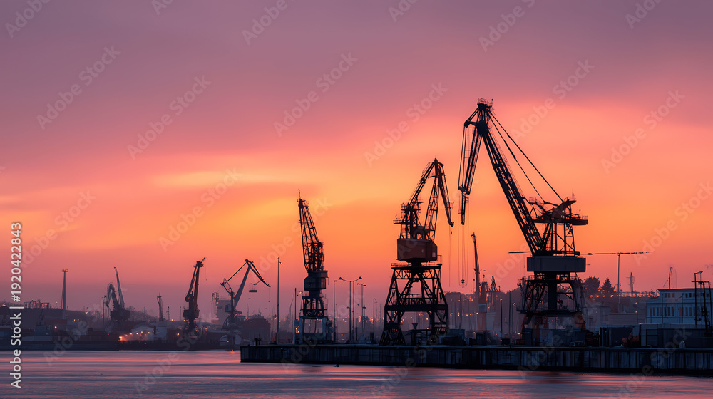 Obraz premium Harbor Crane Silhouette at Sunrise