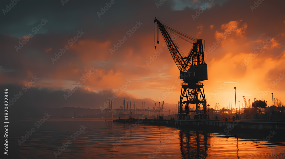 Obraz premium Harbor Crane Silhouette at Sunrise