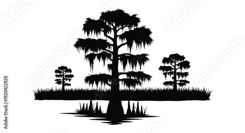 A striking depiction of cypress trees and marsh grasses in a minimalist black silhouette high quality professional detailed modern elegant stylish