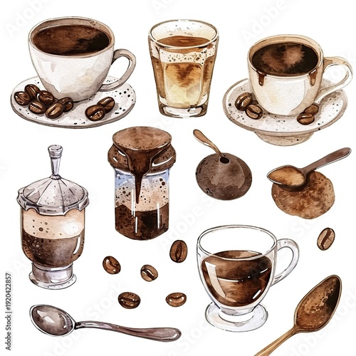 Watercolor coffee collection with cups layered drinks jars and scattered spoons