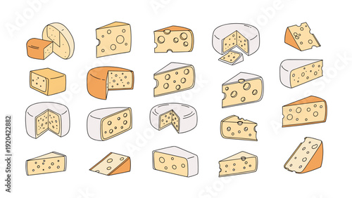 Large collection of different cheese types including wedges blocks and slices for culinary variety and dairy product store menus.