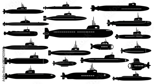Collection of Diverse Submarine Silhouettes: Military and Civilian Vessels