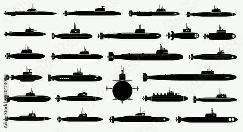 Collection of Diverse Submarine Silhouettes, Naval Warfare and Underwater Technology