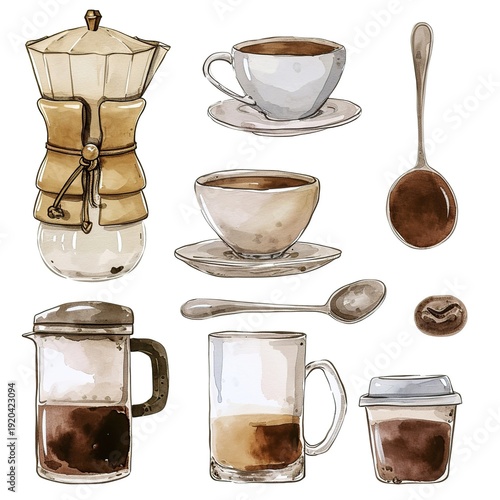 Watercolor coffee collection with tiered maker french press teacups and to go cup