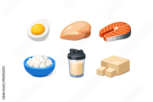 Collection of healthy protein sources and a shaker bottle for fitness