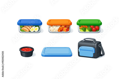 Collection of colorful food containers and lunch bag for healthy meal prep and storage