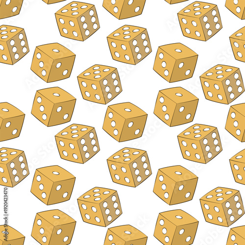 Different facets playing cubes seamless pattern. Casino background. Hand drawn Dice toss. Gamble and risky board games. Bone throw for bets. Repeated gambling print. Roulette jackpot.