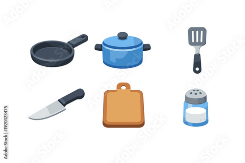 Collection of kitchen utensils and cookware items in a flat isometric design style