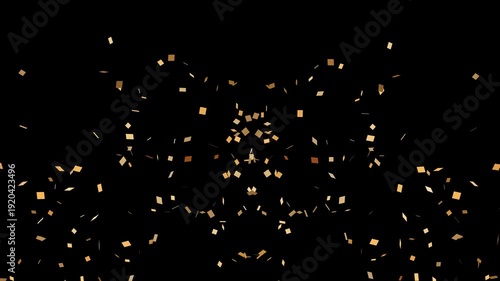 Golden confetti slow motion video on transparent black screen background with alpha channel, sparkling luxury celebration overlay, shimmering paper flakes animation for premium event intro projects