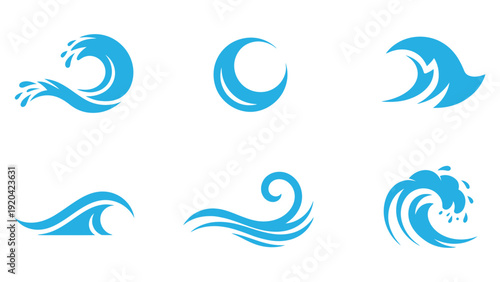 Blue ocean wave logo collection set isolated on white background, modern water splash icons for marine and surfing design