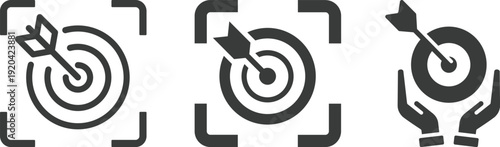 Target goal achievement icon set collection with dartboard, arrow, focus and business strategy symbols in blue and black colors isolated on white background, success and marketing concept.