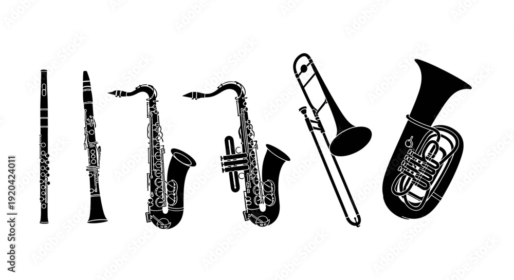 Obraz premium Collection of Brass and Woodwind Musical Instruments Silhouette