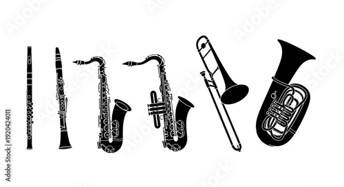 Collection of Brass and Woodwind Musical Instruments Silhouette