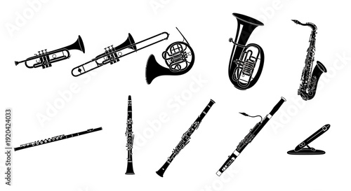 Collection of Brass and Woodwind Musical Instruments Silhouette