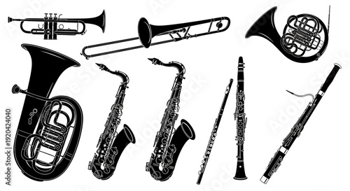 Collection of Black Silhouettes of Musical Instruments on White Background