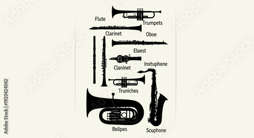 Collection of Musical Instruments Silhouettes: Brass and Woodwind Instruments