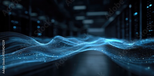 Abstract blue digital data flow wave in IT data center corridor, idea for cloud computing infrastructure, AI processing, big data analytics, and futuristic technology background