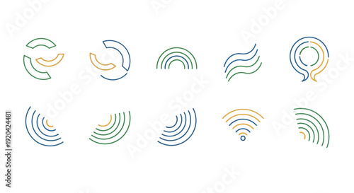 Abstract wireless signal wave icon collection featuring curved frequency lines, connectivity signals, WiFi transmission waves and digital communication symbols in modern gradient outline style, techno