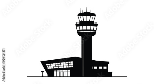 A stark black silhouette of an airport control tower against a white background showing architectural details silhouette high quality professional detailed