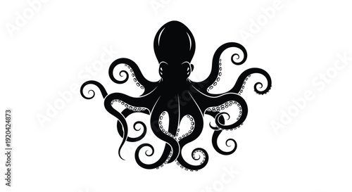 A striking black octopus illustration with swirling tentacles and a detailed head design presented as a silhouette high quality professional modern