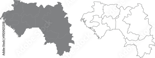 Guinea Map Vector Illustration Silhouette, Outline, and Regional Divisions	