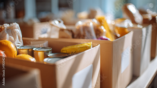 Rows of cardboard boxes filled with food and groceries in a donation center
