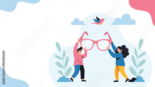 Team of two people work together to lift and carry a giant pair of pink glasses symbolizing vision and shared goals against a sky backdrop.
