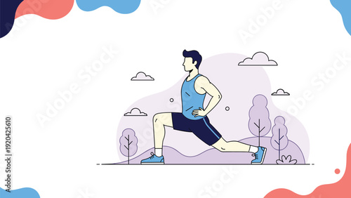 Athletic man performing lunge exercise in outdoor park setting for fitness training and healthy active lifestyle.