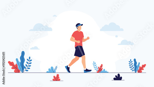 Male runner jogging in nature park with trees and clouds for healthy morning workout and athletic endurance.