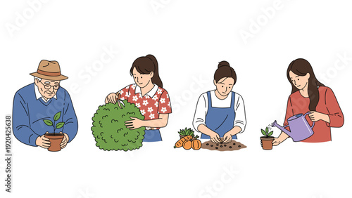 Diverse group of people including senior man and young women working together in garden planting vegetables.