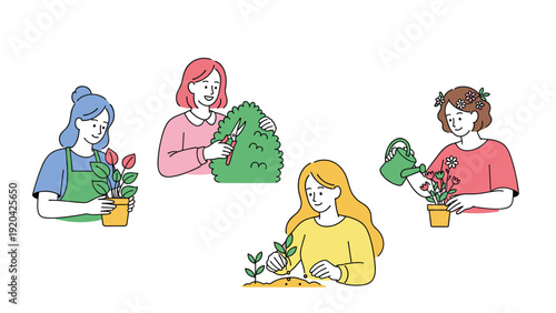 Group of women engaged in various gardening tasks like pruning plants and watering flowers for outdoor hobby.
