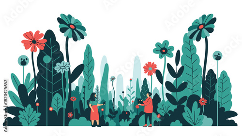 Tiny couple interacting in giant surreal forest with massive flowers and plants exploring whimsical nature.