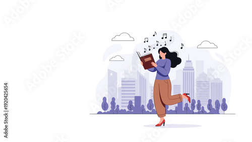 Woman reading book while standing in city park with skyscrapers in background and musical notes in the air.