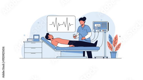 Patient resting in hospital bed while medical staff uses heart monitor to check vital signs for treatment.