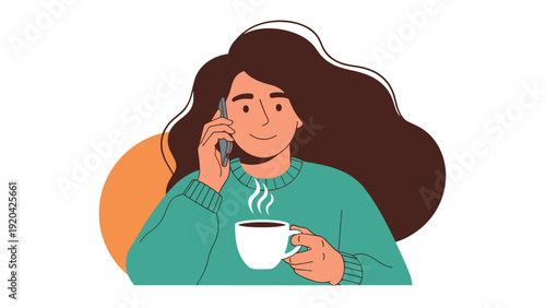 Woman holding coffee cup and talking on smartphone representing modern communication and busy daily lifestyle.