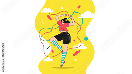 Young woman dancing with colorful ribbons and abstract shapes on vibrant yellow background for art expression.