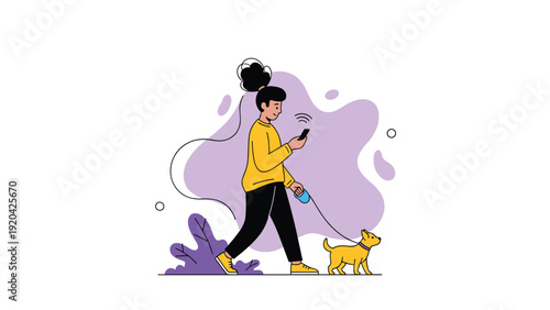 Active woman walking her small dog while checking smartphone for modern urban lifestyle and digital connectivity.